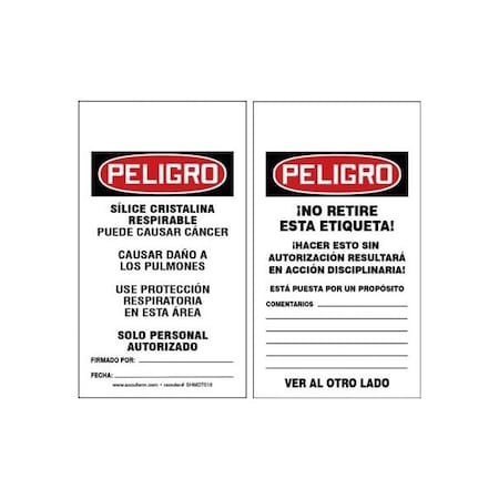 Accuform Spanish Safety Tags, DANGER RESPIRABLE CRYSTALLINE SILICA, 5.75in x 3.25in, RP-Plastic, 25PK SHMDT018PTP